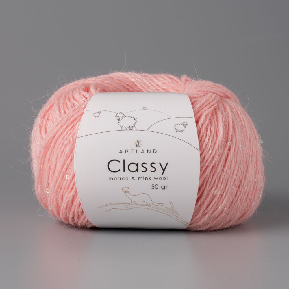 Classy, пряжа с люрексом и пайетками, шелк-5%, мериносовая шерсть-20%, нейлон-30%, норка-45%, 50 гр, 240 м, розовый персик