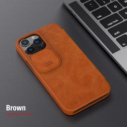 Коричневый чехол книжка для iPhone 13 Pro Max, от Nillkin серия Qin Pro Leather с защитной шторкой для камеры