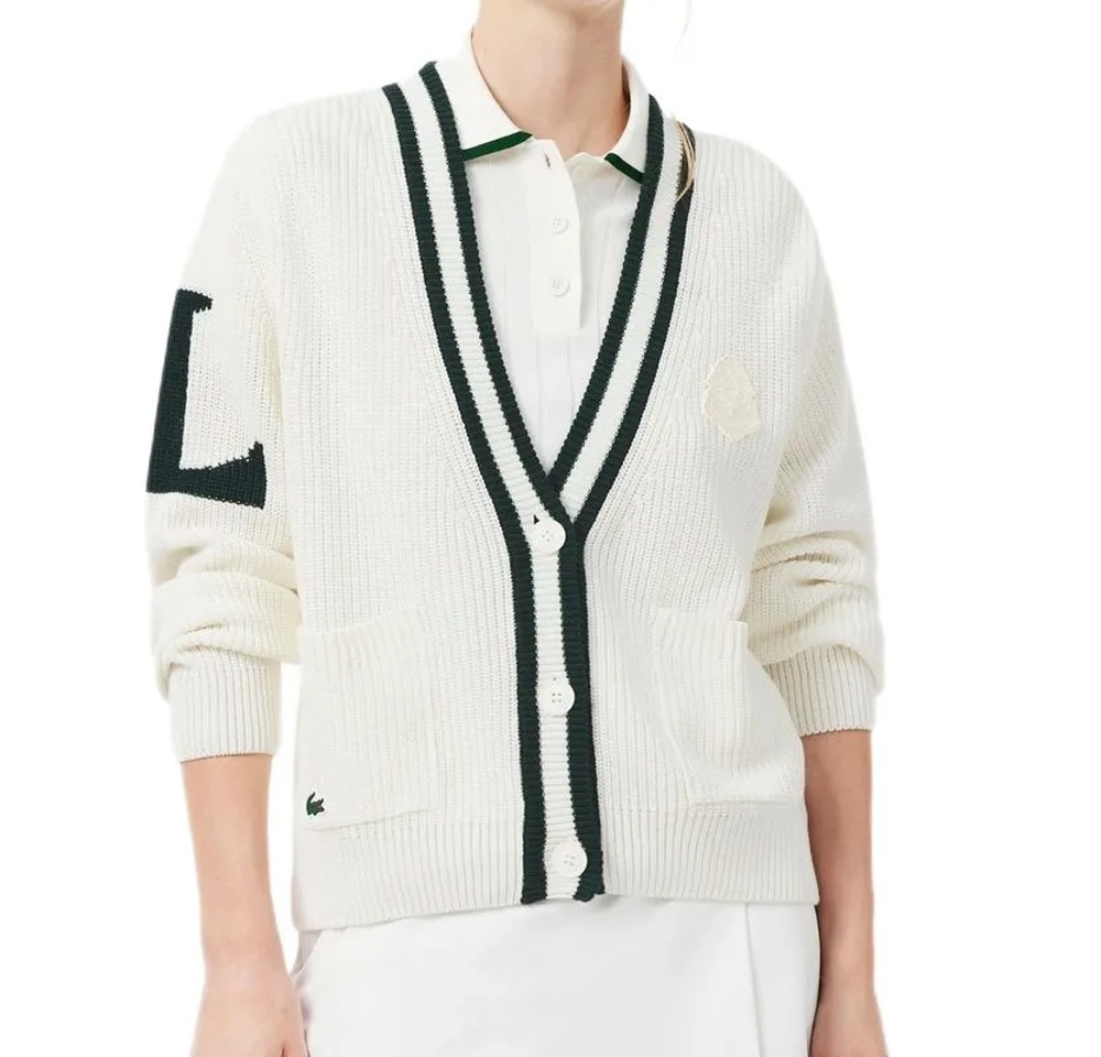 Женская Кофта теннисная Lacoste Badge Accent Wool Blend Golf Cardigan - white/green