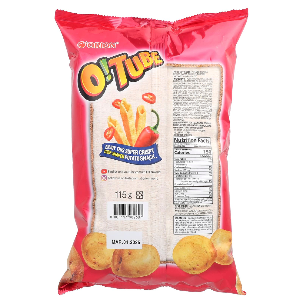Orion, O! Tube, картофельные закуски, сладкий чили, 115 г (4,06 унции)