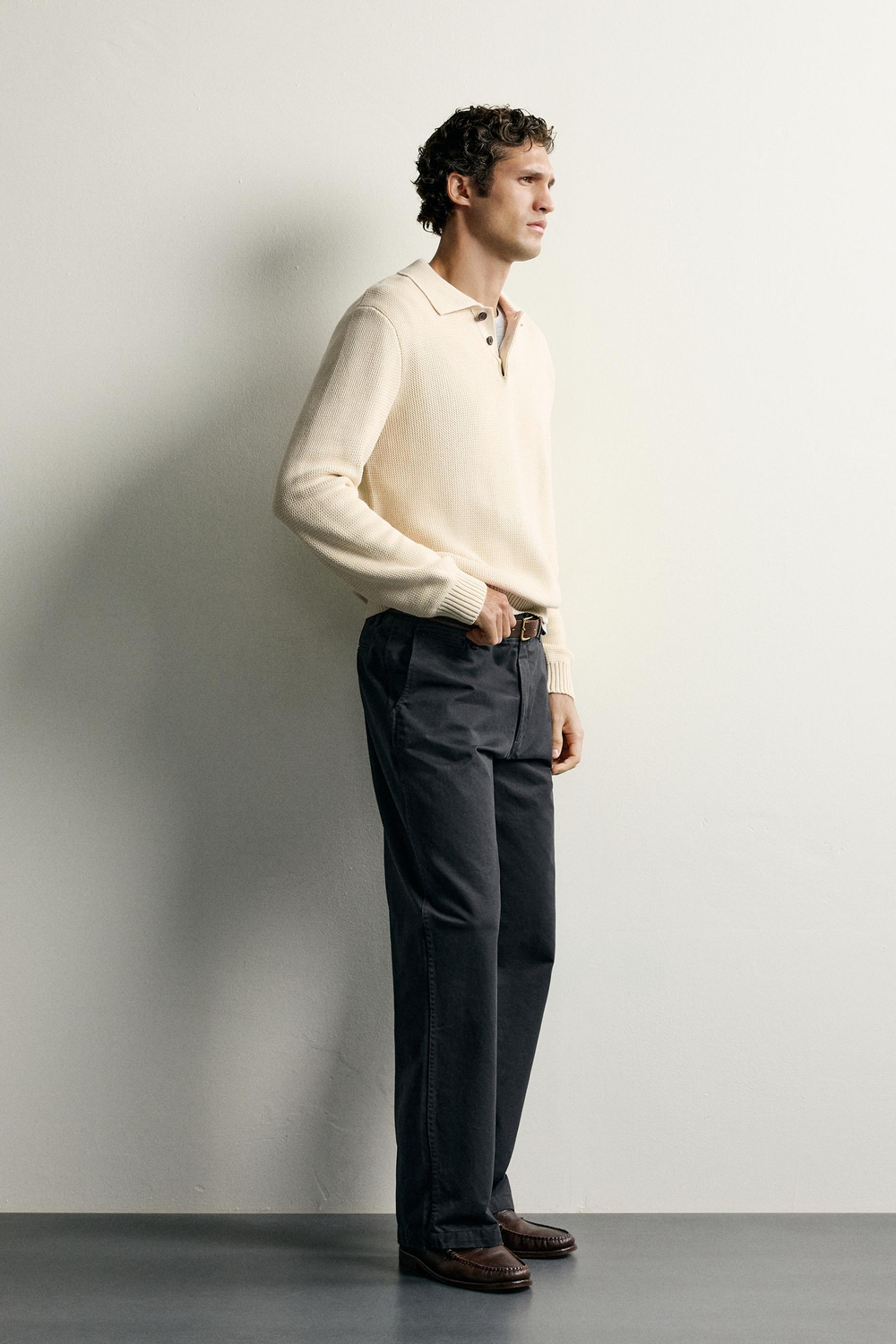 ZARA ПОЛО ИЗ ХЛОПКОВОГО ТРИКОТАЖА, ЭКРЮ