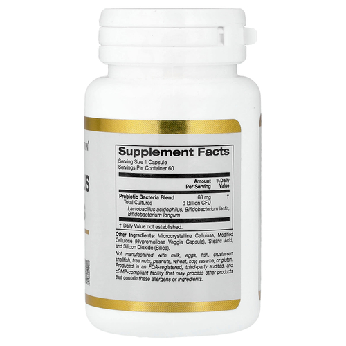 California Gold Nutrition, добавка с ацидофильными лактобактериями и бифидобактерями, смесь пробиотиков с ацидофильными лактобактериями, бифидобактериями лактис и бифидобактериями лонгум, 60 вегетарианских капсул