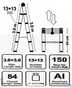 Стремянка телескопическая алюм. бытовая 3.8м (13+13 ступ.) Scheppach Sch-UP380-2