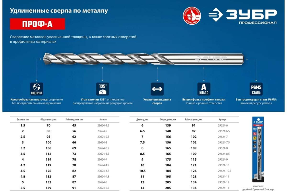 Сверло по металлу удлиненное 4.8х132мм, сталь Р6М5, класс А ЗУБР ПРОФ-А