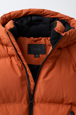 ZARA СТЕГАНОЕ ПАЛЬТО WATER REPELLENT С КАПЮШОНОМ, МЯГКИЙ ОРАНЖЕВЫЙ