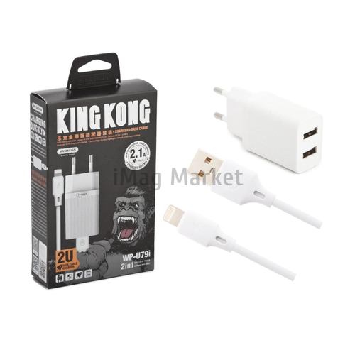 Сетевое зарядное устройство WK Design WP-U79i, 2 USB-A, 10.5W, 2.1A + кабель Lightning, 1 м, белый