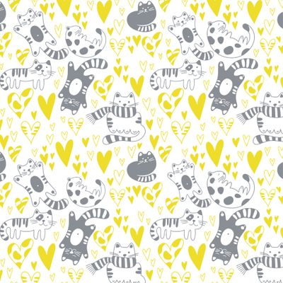 Pattern yellow-grey cats and hearts