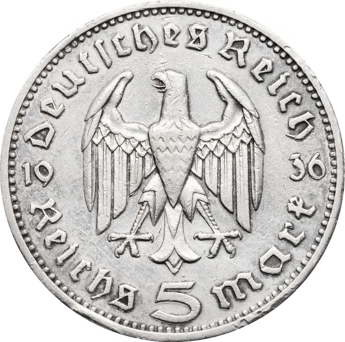 5 рейхсмарок 1936 Германия (Третий Рейх) "G", Орел без свастики (Гинденбург)