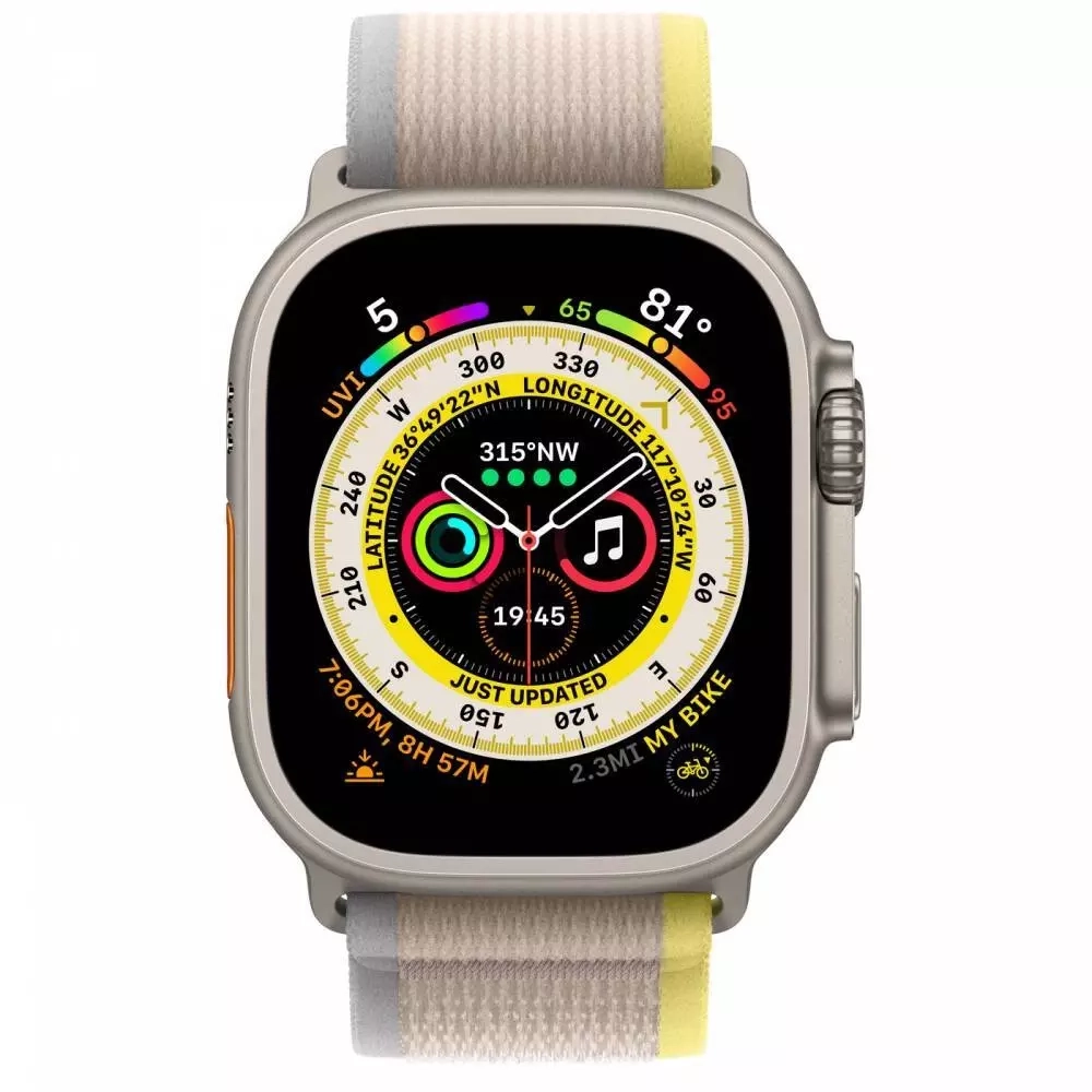 Apple Watch Ultra, 49 мм, корпус из титана, ремешок Trail цвета «жёлтый/бежевый»