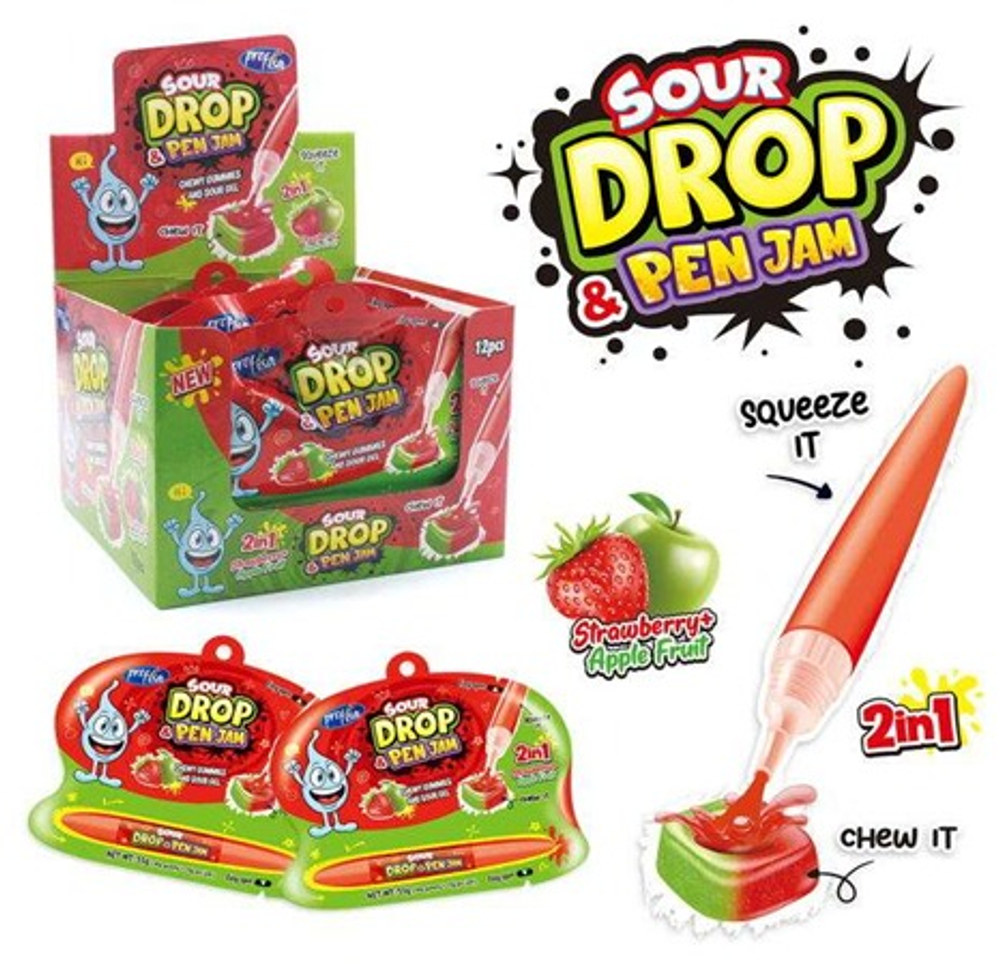 Жидкая карамель-гель + мармелад 2в1 "Strawberry + Apple Sour drop pen jam" 12шт*55г