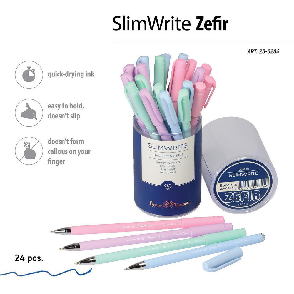 Ручка шарик. 0,5мм. синяя "SlimWrite Zefir" 4цв.корпуса (BrunoVisconti)