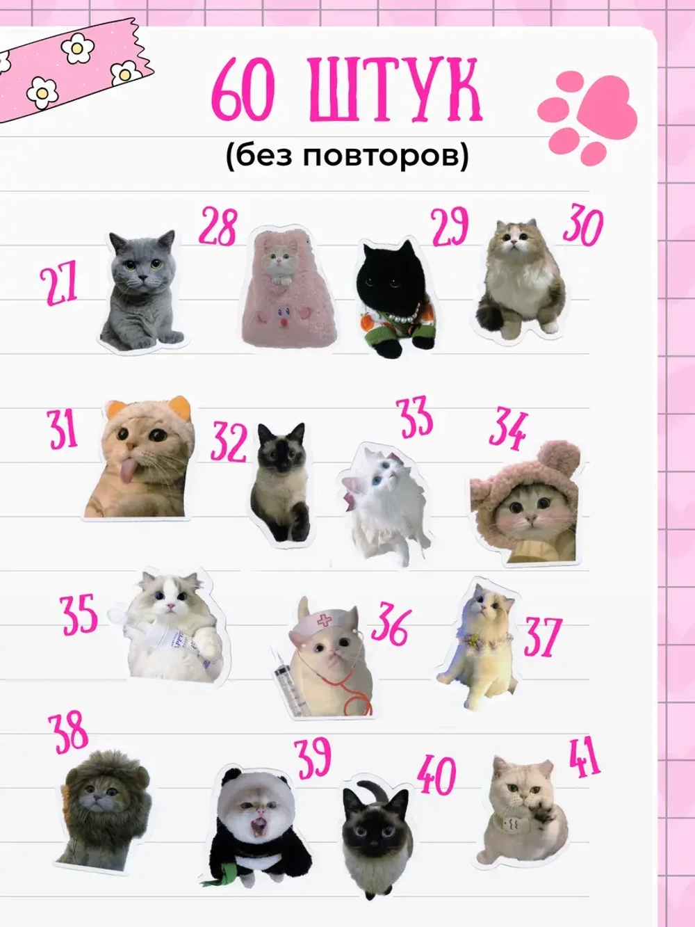 Наклейки милые мемные котики 60 шт