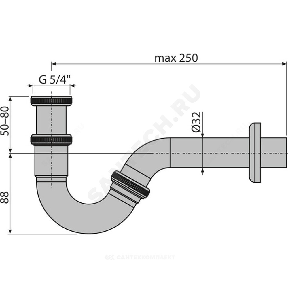 Сифон для биде трубный латунь 1 1/4"x32 с прямой трубкой 32 без выпуска Alca Plast A45G