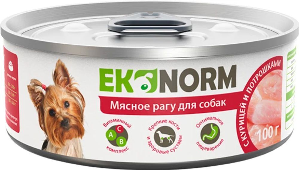 Корм консервированный для собак EKONORM "Мясное рагу с курицей и потрошками" 100 г Корм консервированный для собак EKONORM "Мясное рагу с курицей и потрошками" 100 г