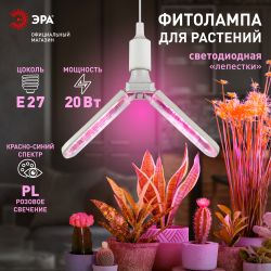 Фитолампа для растений светодиодная ЭРА GREEN LINE ФИТО-20W-PL-E27-GR 2-х лепестковая красно-синего спектра 20 Вт Е27 | Фитолампы Е27