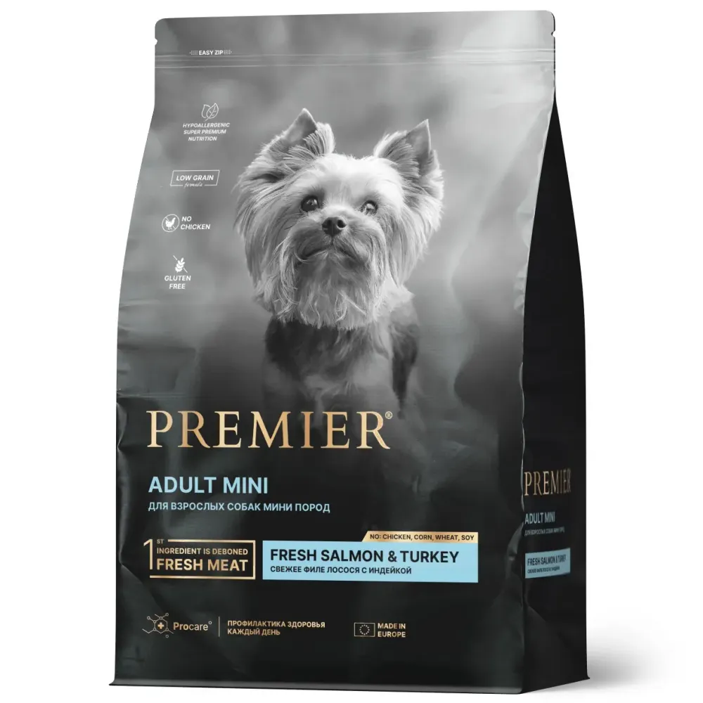 Сухой корм Premier Dog Salmon&Turkey Adult Mini для собак мелких пород из свежего филе лосося с индейкой
