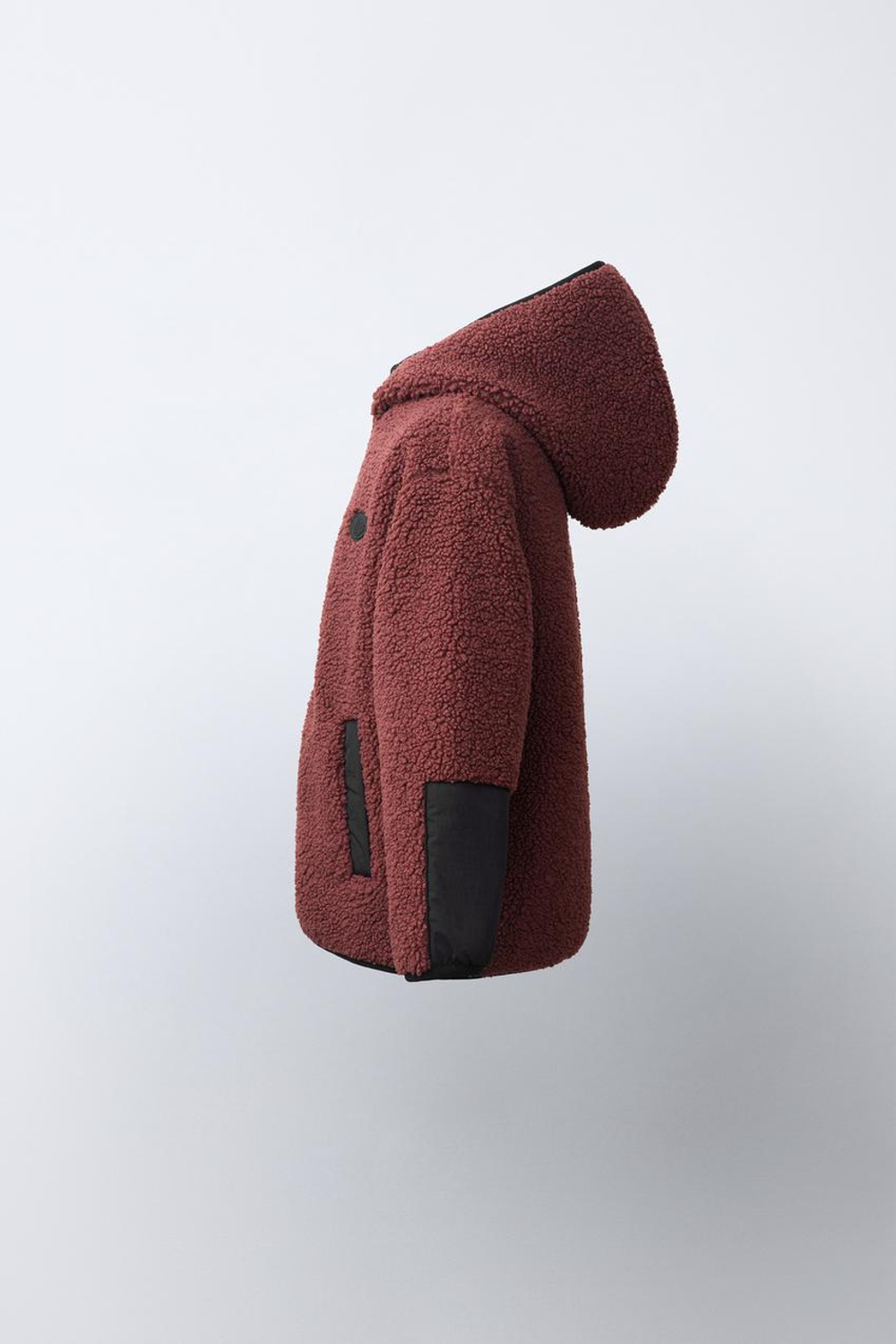 ZARA КУРТКА ИЗ ИСКУССТВЕННОЙ ОВЧИНЫ С КАПЮШОНОМ, КРАСНОВАТЫЙ