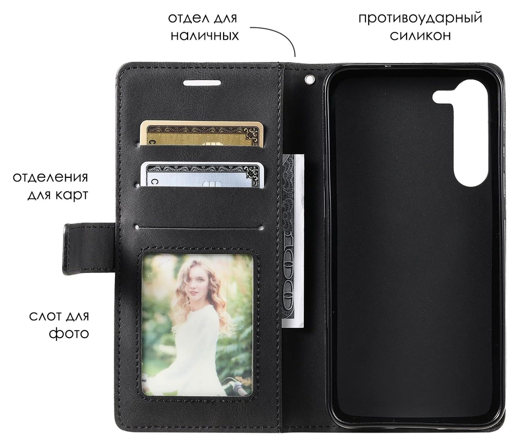 Дизайнерский чехол-книжка из кожи для SAMSUNG GALAXY S23 с отделом для наличных, 3 слотами для карт и подставкой