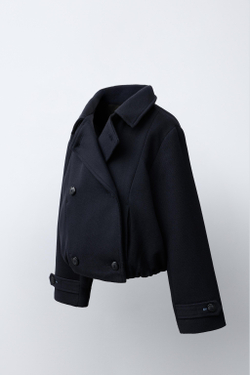 ZARA КОРОТКОЕ ПАЛЬТО ИЗ СМЕСОВОЙ ШЕРСТИ, МОРСКОЙ СИНИЙ