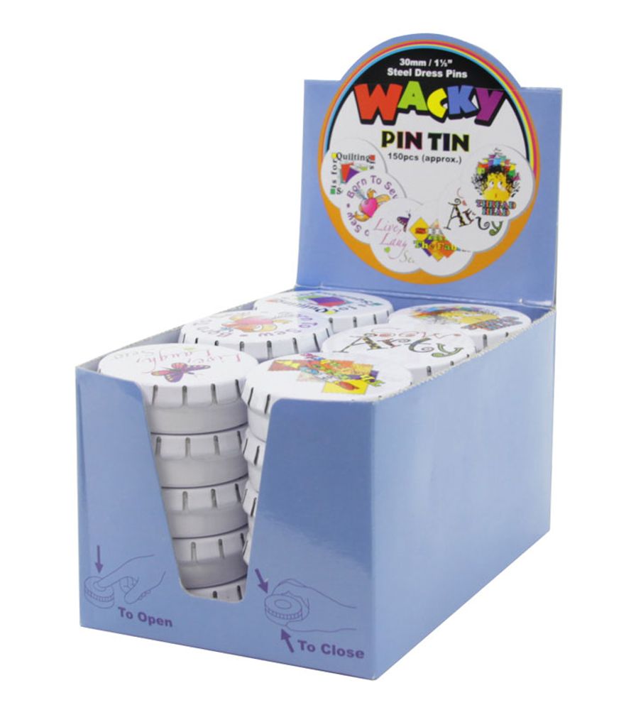 Булавки портновские гвоздики l=30 мм | 30 блист. по 150 шт, WACKY PIN TIN, в жестяных круглых коробочках, Hemline Булавки портновские гвоздики l=30 мм | 30 блист. по 150 шт, WACKY PIN TIN, в жестяных круглых коробочках, Hemline