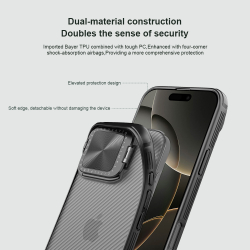 Чехол прозрачный тонированный (Transparent Black) от Nillkin с металлической откидной крышкой для камеры на iPhone 16 Pro Max, серия CamShield Prop Case