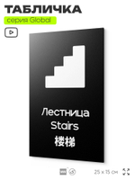 Табличка Лестница, на дверь и стену, информационная и мультиязычная (русский, английский, китайский), серия GLOBAL, 25х15 см, Айдентика Технолоджи