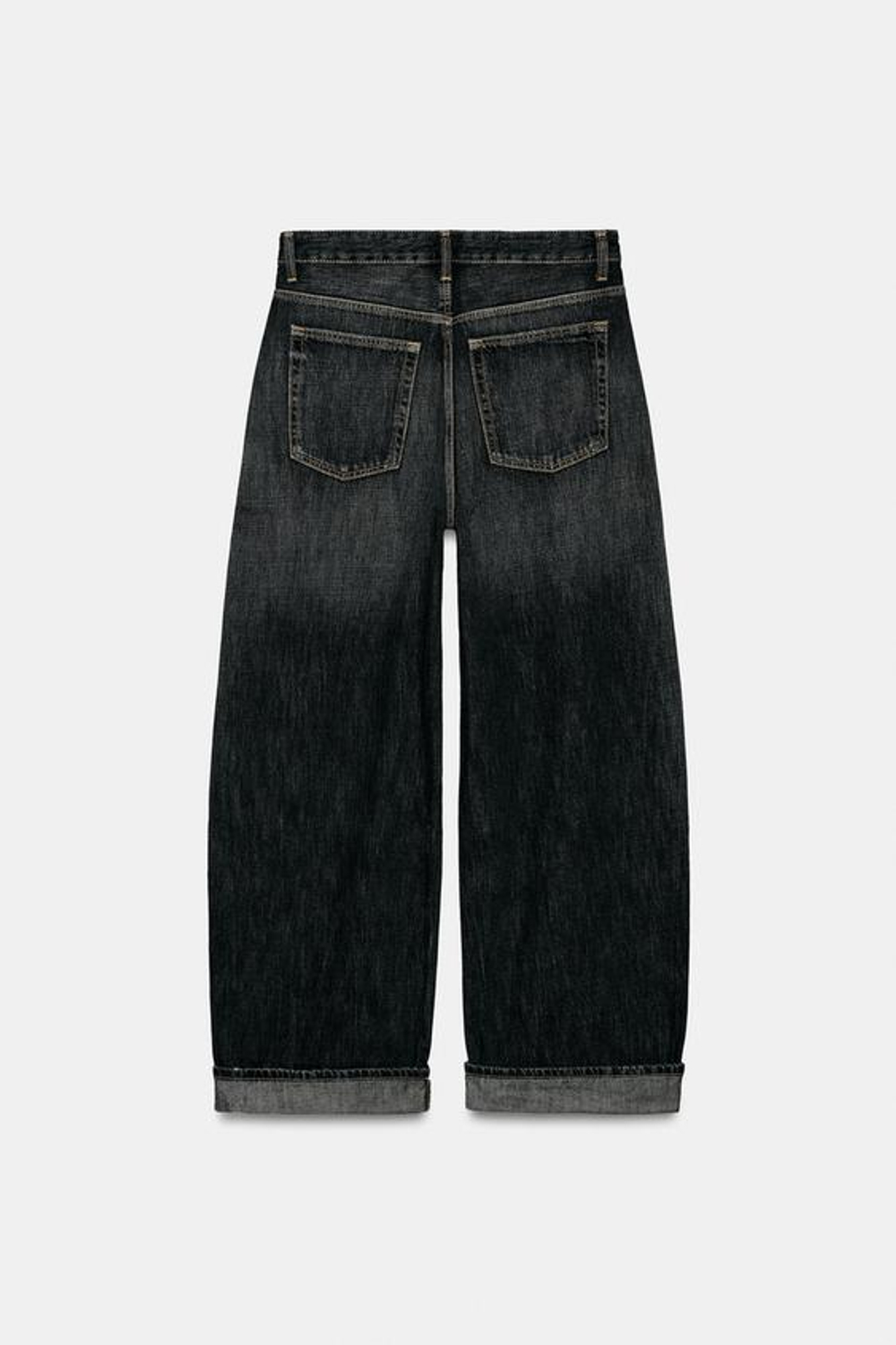 ZARA ДЖИНСЫ TRF BAGGY FOLDED СО СРЕДНЕЙ ПОСАДКОЙ, ЛИНЯЛЫЙ ЧЕРНЫЙ