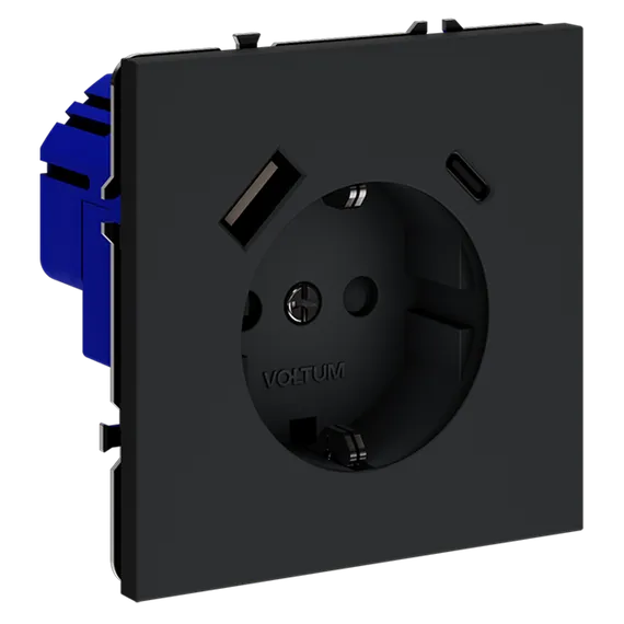 Розетка с заземлением и защитными шторками, с USB, A+С Voltum S70 Графит VLS040507