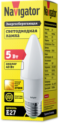Лампа светодиодная Navigator C37 220V Е27 5W 2700K свеча 22026