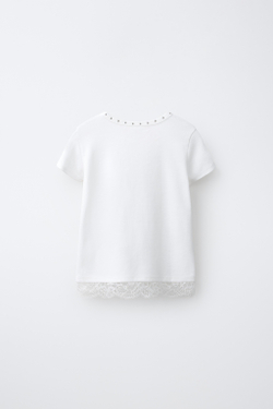 ZARA ФУТБОЛКА С ЗАКЛЕПКАМИ И КРУЖЕВОМ, БЕЛЫЙ