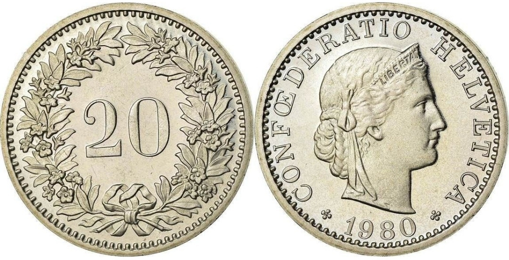 Швейцария 20 раппенов, 1939-2024 XF