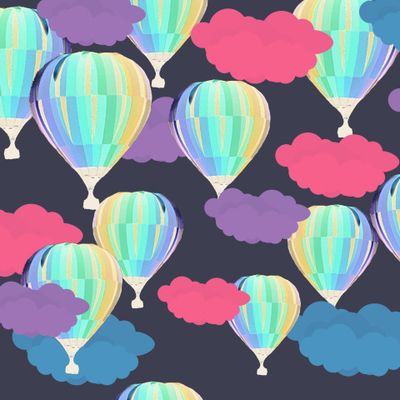 Hot air balloons and colorful clouds maroon background