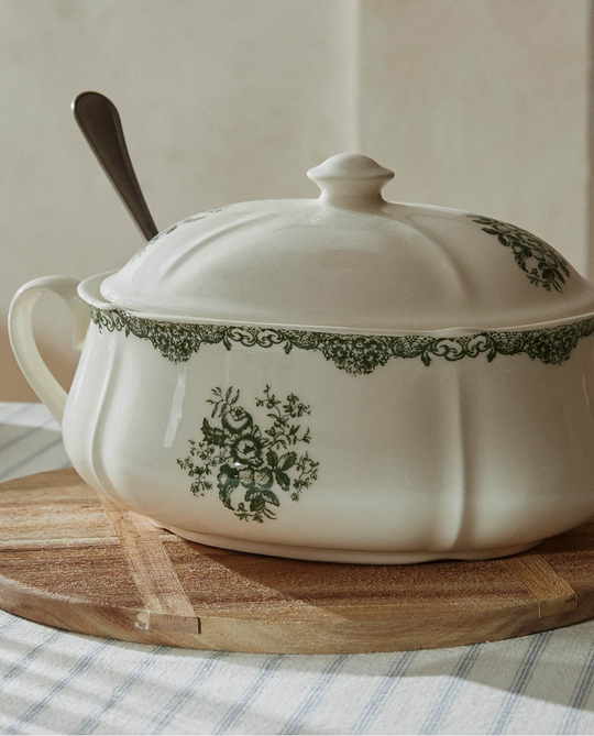ZARA HOME СЕРВИРОВОЧНАЯ СУПНИЦА ИЗ ФАЯНСА С ЦВЕТОЧНЫМ УЗОРОМ, ОЛИВКОВЫЙ
