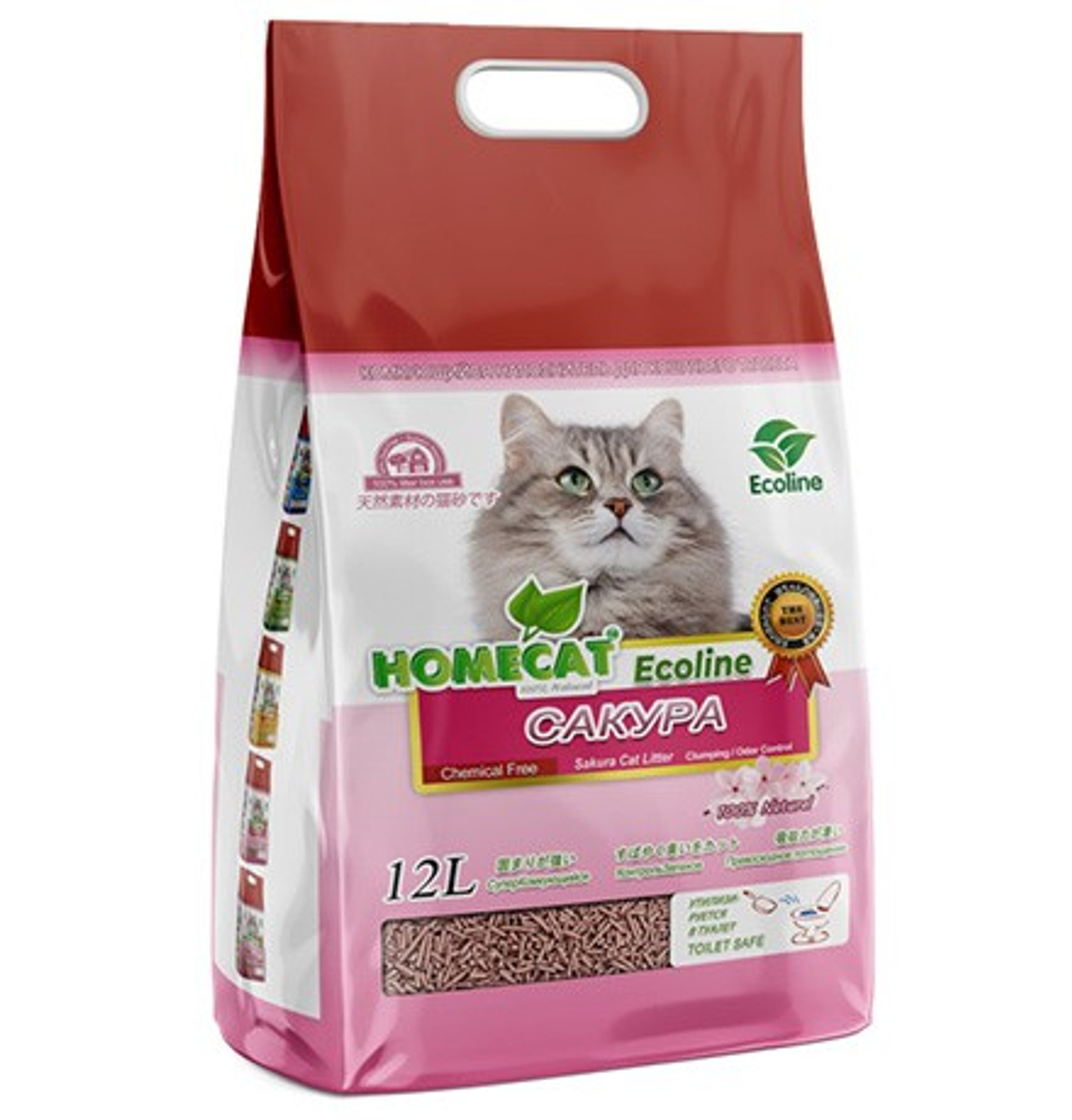 Homecat Ecoline Лотос-Сакура 12 л комкующийся наполнитель для кошачьих туалетов с ароматом сакуры