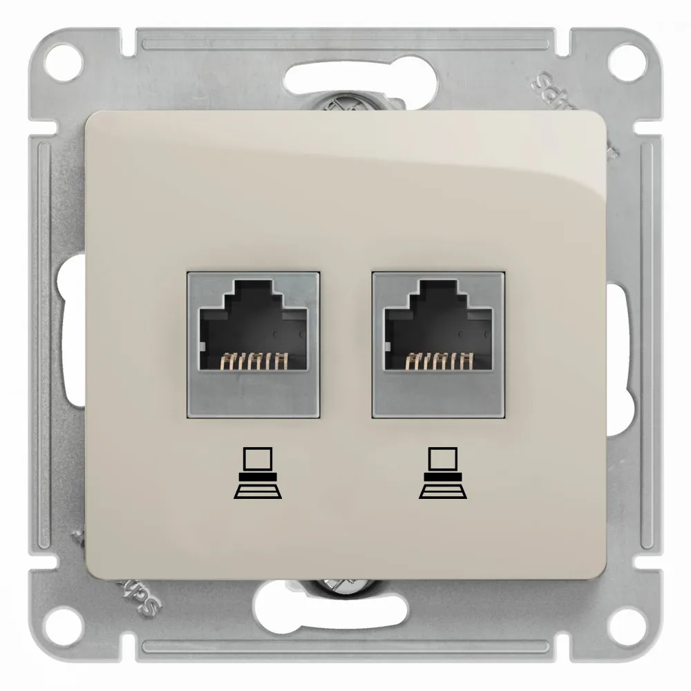 GLOSSA РОЗЕТКА двойная компьютерная RJ45+RJ45 кат. 5e, механизм, МОЛОЧНЫЙ