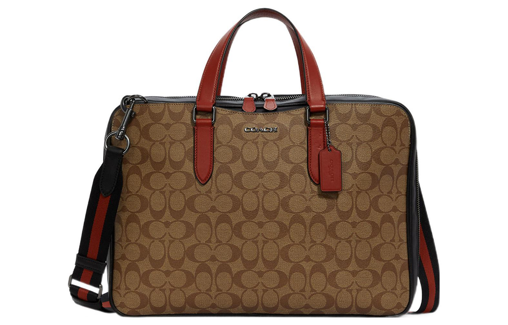 COACH Graham Canvas With Leather Laptop Bag, Crossbody Bag, Briefcase Large Men"s Khaki & Orange