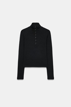 ZARA ТОП С ВОРОТНИКОМ-СТОЙКОЙ И ПУГОВИЦАМИ, ЧЕРНЫЙ