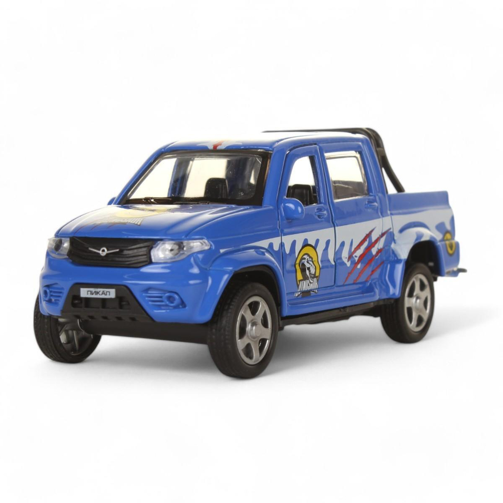 Модель ин. мет. "УАЗ Pickup снежный" 12см.двери, багаж, динозавр, коробка PICKUP-12SNOW-DINO (Технопарк)