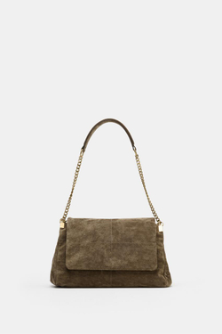 ZARA КОЖАНАЯ СУМКА НА ПЛЕЧО С КЛАПАНОМ, ЗЕЛЕНЫЙ ХАКИ