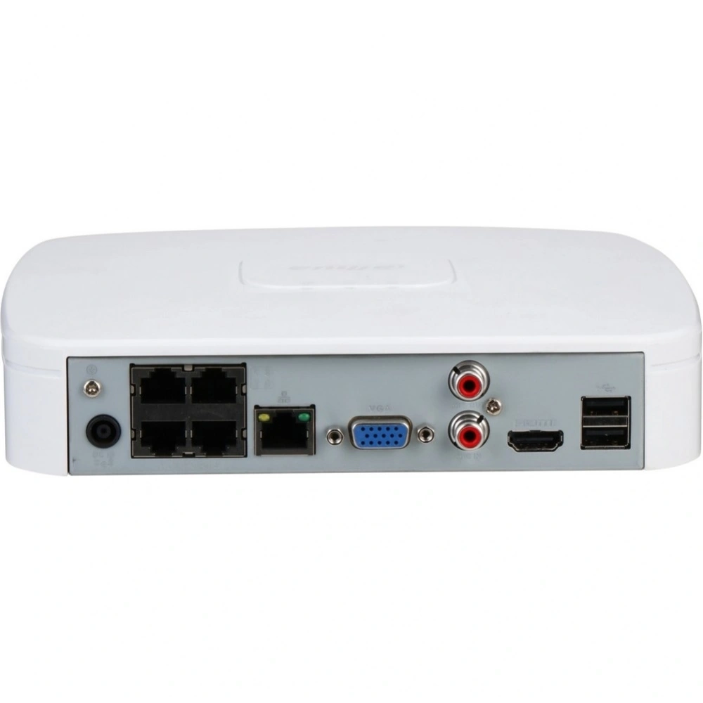 4-канальный IP-видеорегистратор Dahua с PoE, 4K и H.265+, ИИ Входящий поток до 80Мбит/с накопители: 1 SATA III до 20Тбай видеоаналитика (все кн): SMD Plus; видеоаналитика с камер