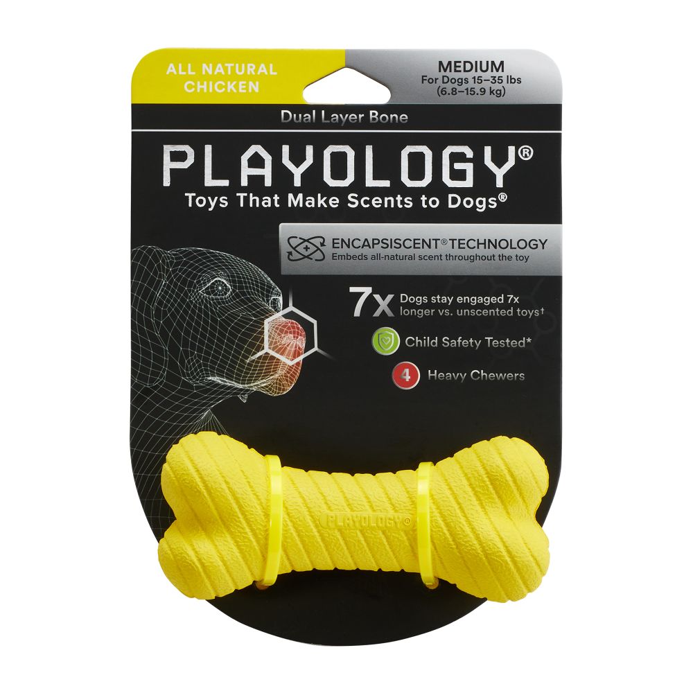 Двухслойная жевательная косточка Playology DUAL LAYER BONE для собак средних пород с ароматом курицы, средняя, цвет желтый