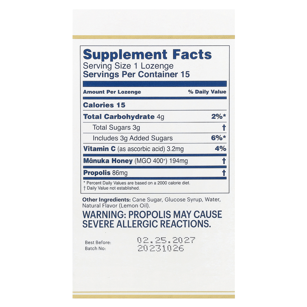 Manuka Health, Леденцы с медом Manuka, прополис, MGO 400+, 15 леденцов