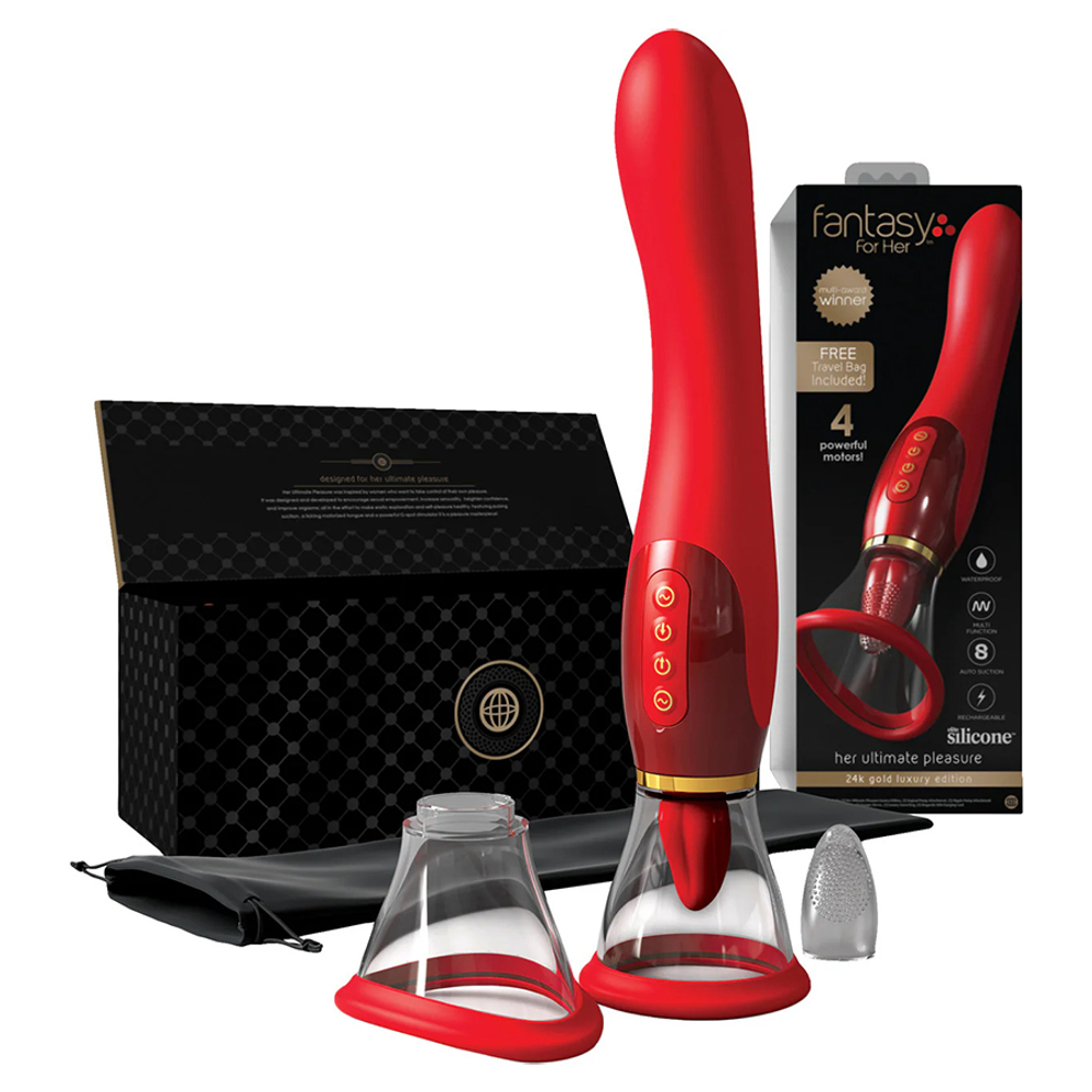 Двухсторонний вибростимулятор с помпой и язычком PipeDream Fantasy for Her Ultimate Pleasure Dual 24K Gold Luxury Edition Oral Sex Simulator Red 494315