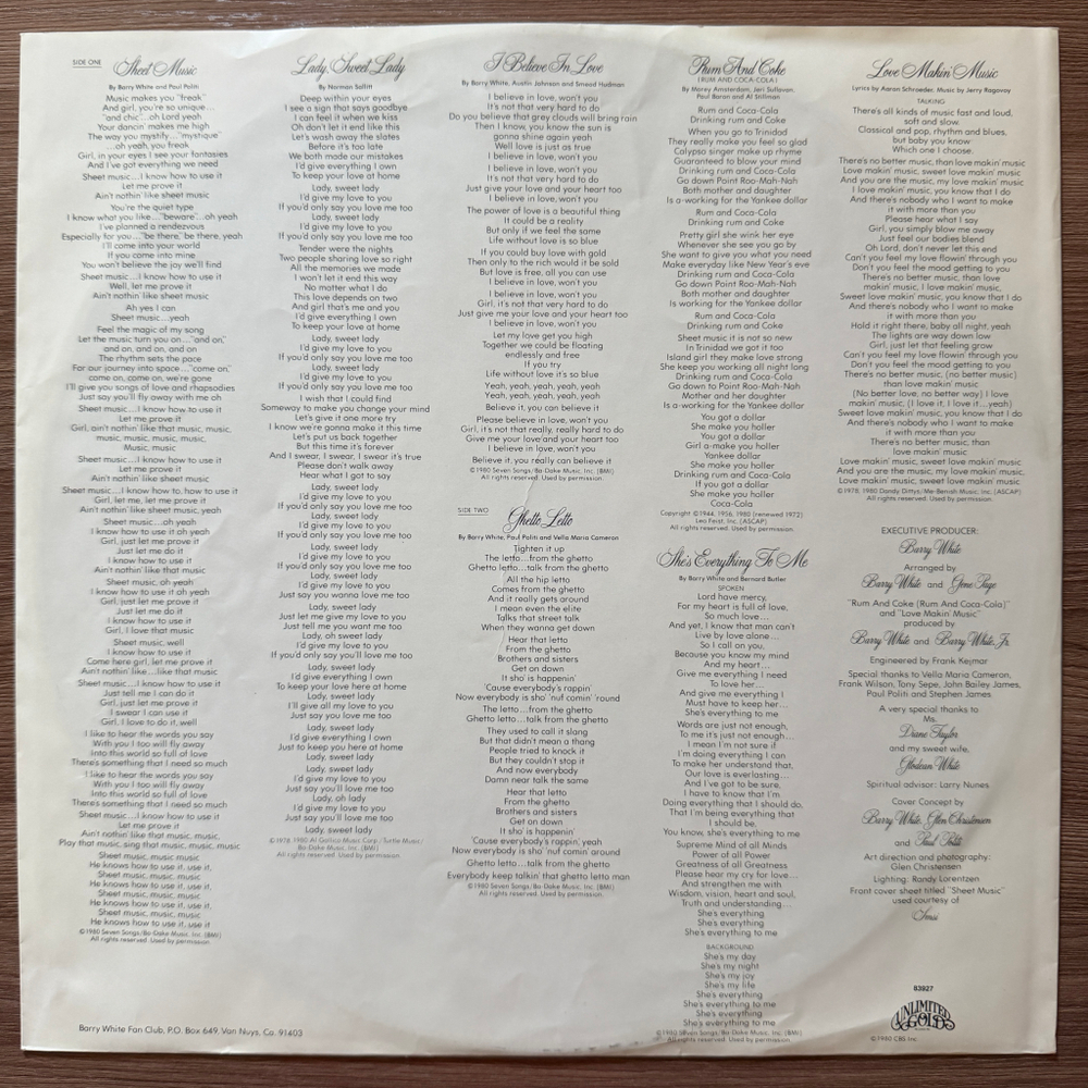 Barry White ‎– Barry White's Sheet Music (Голландия 1980г.)