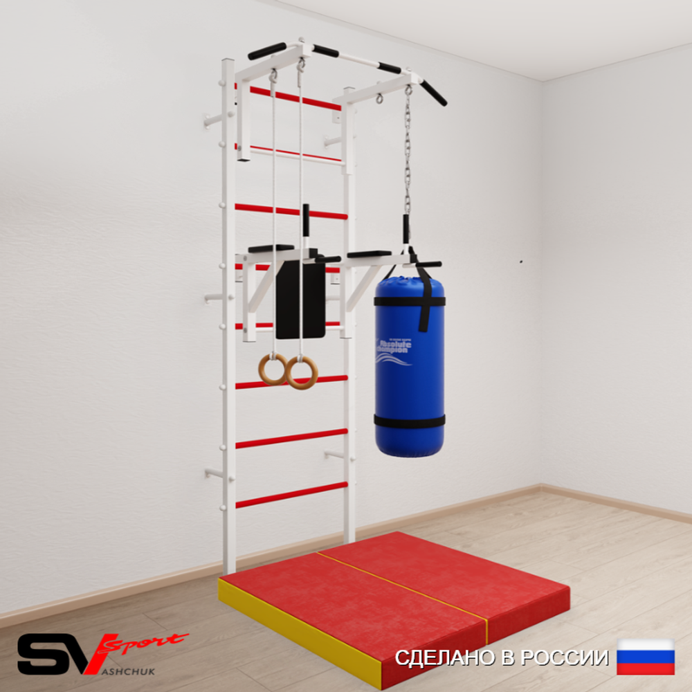 Шведская стенка Sv Sport усиленная 6717 (Турник стандарт/Брусья/Кольца/Цепь/Мешок 30кг/Мат 1м)