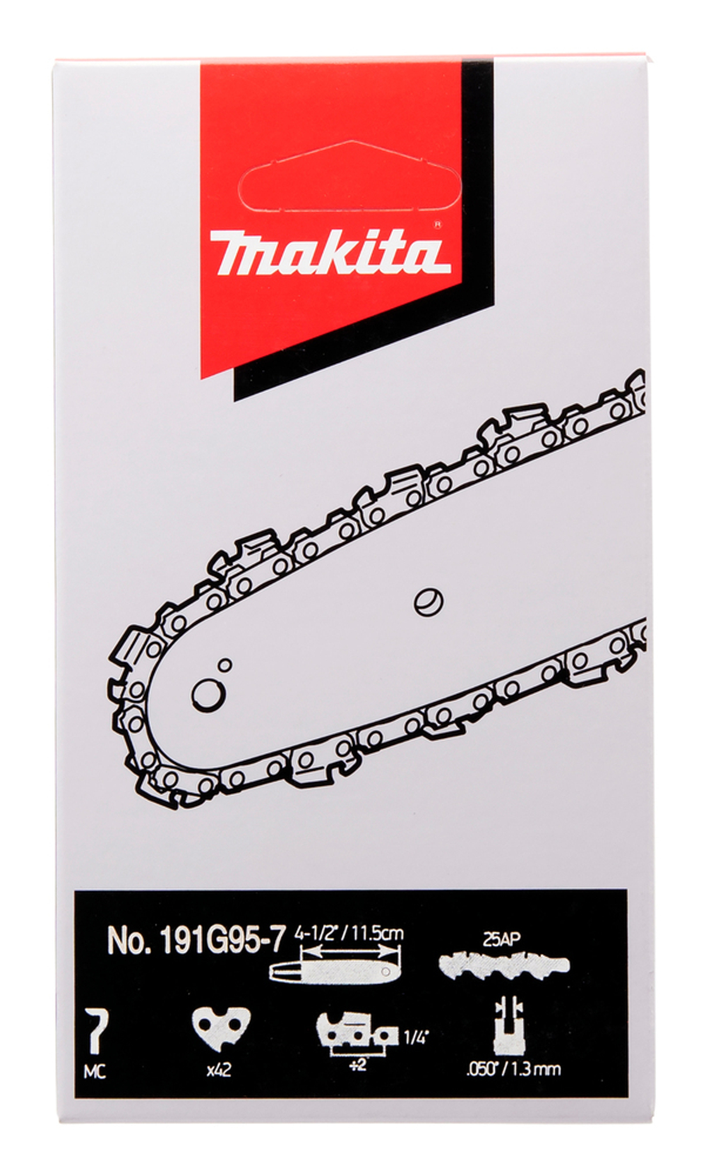 Цепь, длина 11,5см/4,3", шаг1/4", паз 1,3мм, звеньев 42, 25AP Makita 191G95-7 Длина 16см/6,3\" шаг1/4\"паз 1,3мм звеньев 42 25AP