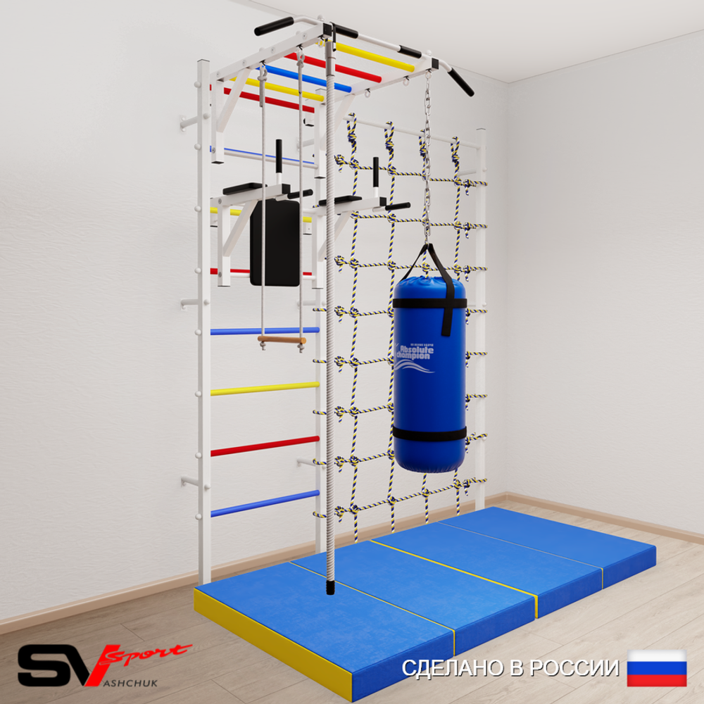 Шведская стенка Sv Sport усиленная 64660 (Турник рукоход/Брусья/Канат/Трапеция/Цепь/Мешок 22кг/Мат 2м/Канатный лаз)