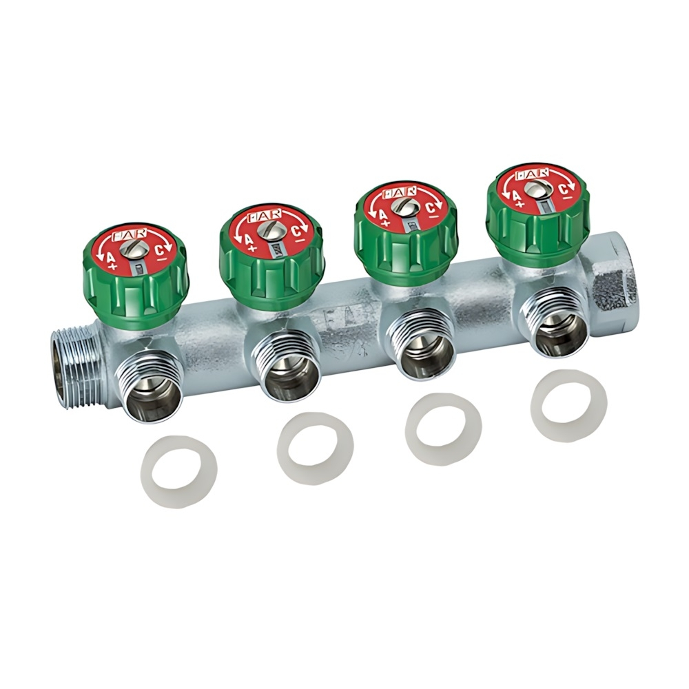 Коллектор регулирующий проходной FAR MULTIFAR 3824 - 1" (НР/ВР) на 4 контура 1/2"(EK + Flat-Faced)