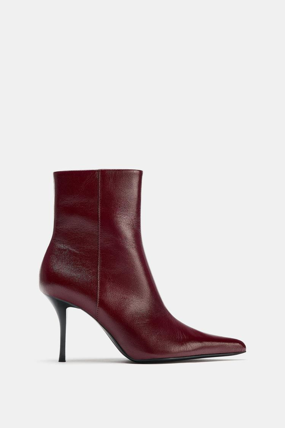 ZARA КОЖАНЫЕ БОТИЛЬОНЫ НА ВЫСОКОМ КАБЛУКЕ, БОРДОВО-КРАСНЫЙ