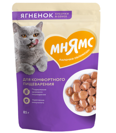 Мнямс Кусочки в соусе Ягненок для комфортного пищеварения у кошек 85гр.